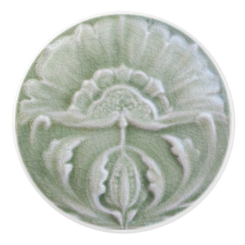 Art nouveau jugendstil flower tile gray green ceramic knob