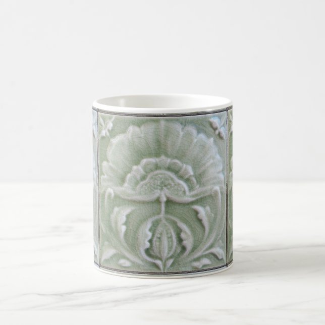 Art nouveau jugendstil flower tile gray green coffee mug (Center)