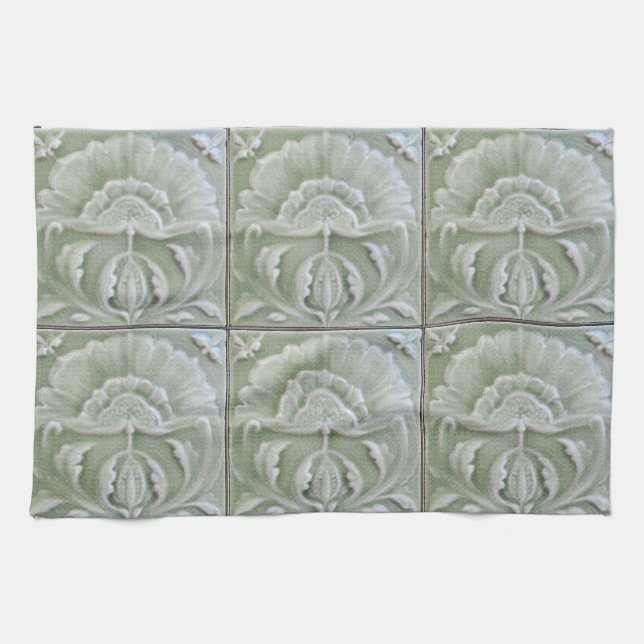 Art nouveau jugendstil flower tile gray green kitchen towel (Horizontal)
