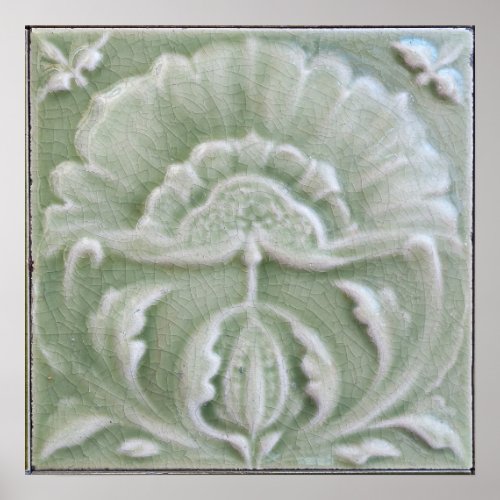 Art nouveau jugendstil flower tile gray green poster