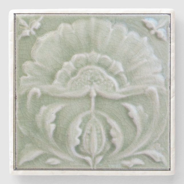 Art nouveau jugendstil flower tile gray green stone coaster (Front)