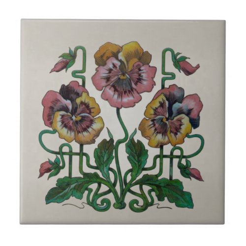 Art Nouveau Jugendstil Pink Pansies Repro Antique Ceramic Tile