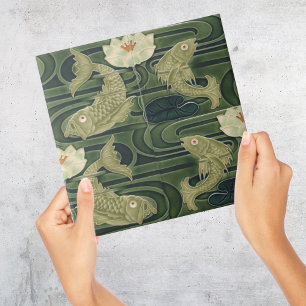 Art Nouveau Jugendstil Pond Fish Green Ceramic Tile