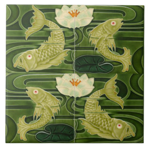  Art Nouveau Jugendstil Pond Fish Green Ceramic Tile