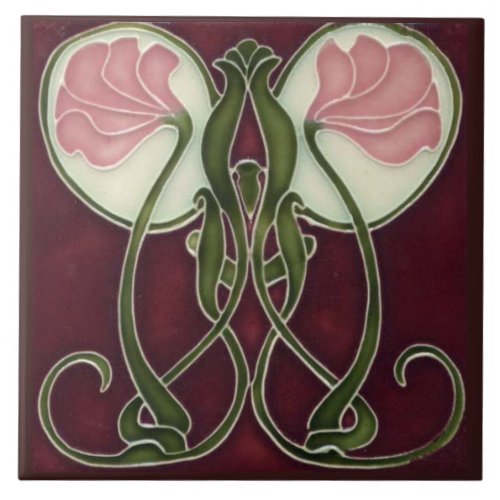 Art Nouveau Keepsake Tile _ Pink Flower Heads