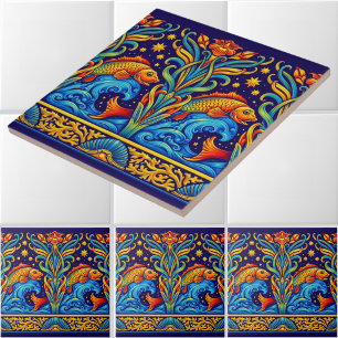 Art Nouveau Koi Fish & Flowers Frieze Pattern Ceramic Tile