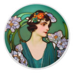 Art Nouveau Lady and Flowers - Green and Lilac Ceramic Knob