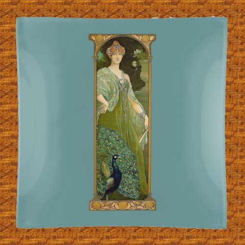 Art Nouveau Lady and Peacock Trinket Tray