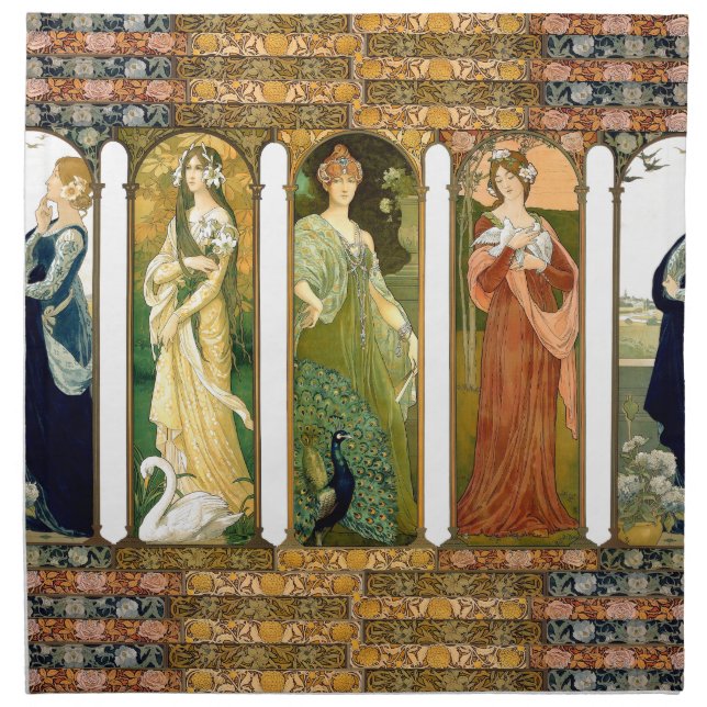 Art Nouveau Lady Bird Swan Peacock Flower Napkin (Front)