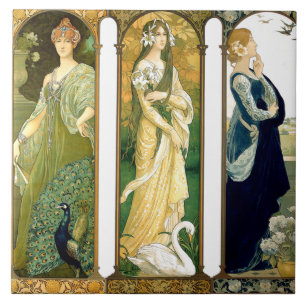 Art Nouveau Lady Bird Swan Peacock Flower Tile