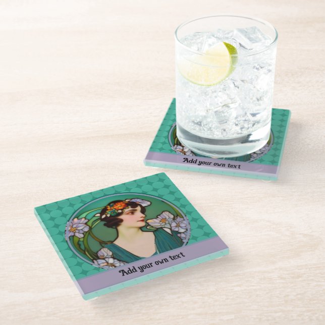 Art Nouveau Lady in Green & Lavender - your text Glass Coaster (Angled)
