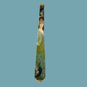 Art Nouveau Lady & Peacock Vintage Illustration Neck Tie