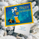Art Nouveau Lady with Black Scottie Dog Holiday Card<br><div class="desc">A stylish woman walking her black Scottish Terrier through the city while the snow starts to fall. Both are dressed in cozy coats. She carries a Hanukkah shopping bag on her arm and a Dreidle in her hand. An Art Deco city slumbers in the background.</div>
