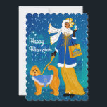 Art Nouveau Lady with Doodle Dog Holiday Card<br><div class="desc">A stylish woman walking her Doodle dog through the city while the snow starts to fall. Both are dressed in cozy coats. She carries a Hanukkah shopping bag on her arm and a Dreidle in her hand. An Art Deco city slumbers in the background.</div>