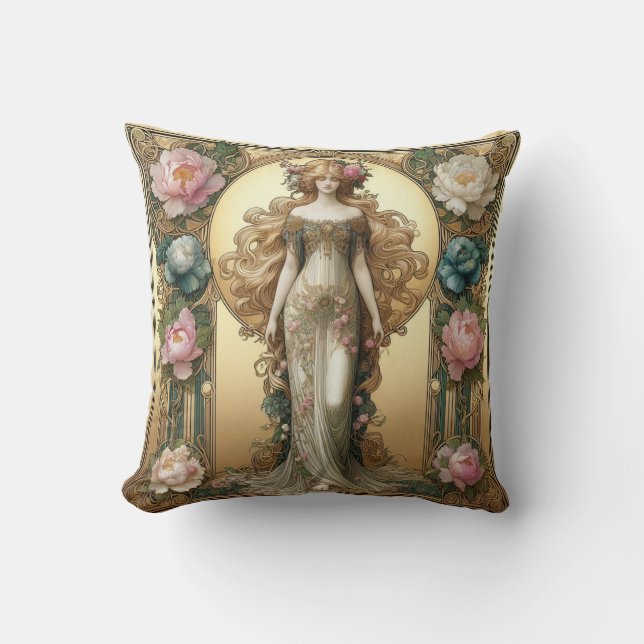 Art Nouveau Lady with Peonies Throw Pillow (Front)