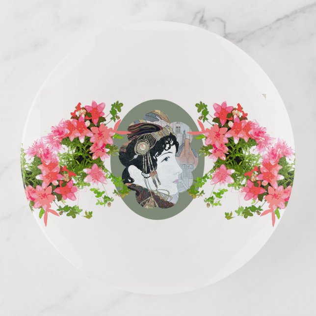 Art Nouveau Lady Woman Pink Flowers Trinket Tray (Front)