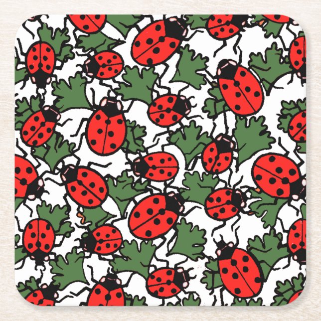 Art Nouveau Ladybug Insects Pattern Square Paper Coaster (Front)