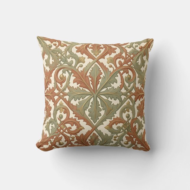Art Nouveau Leaf Scroll Terracotta Sage Pattern Throw Pillow (Front)