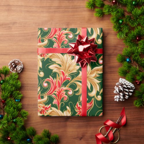 Art Nouveau Leaves Christmas GreenRedGold Wrapping Paper