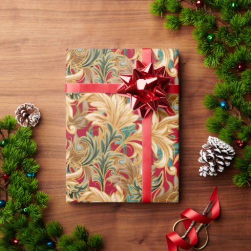 Art Nouveau Leaves Christmas RedGreenGold Wrapping Paper