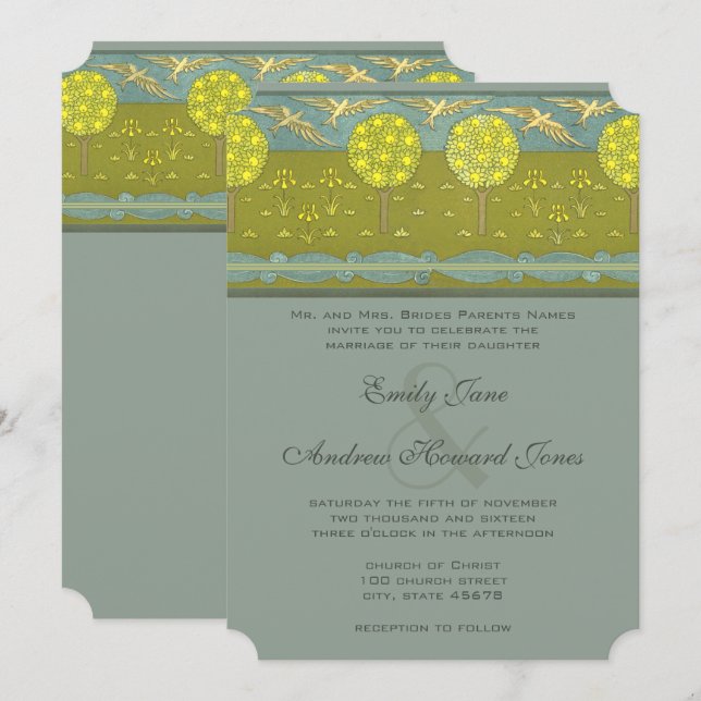 Art Nouveau Lemon Tree Vintage Bird Wedding Invitation (Front/Back)