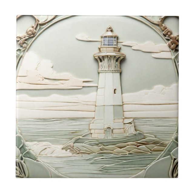 Art Nouveau Lighthouse Faux Relief Light Mint Blue Ceramic Tile (Front)