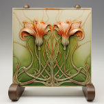 Art Nouveau Lilies  Ceramic Tile<br><div class="desc">Elevate your home décor with this exquisite Art Nouveau Lilies Ceramic Tile, exclusively printed by Zazzle. This flat ceramic tile, featuring no embossed features, captures the elegance of the Art Nouveau style with its fluid lines and organic forms. The design showcases two beautifully intertwined lilies in shades of orange and...</div>