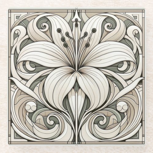 Art nouveau Lilly Floral Tile Glass Coaster