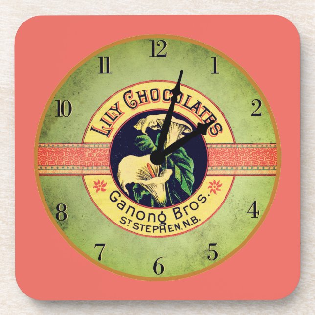 Art nouveau lily chocolate clock advertisement  beverage coaster (Front)