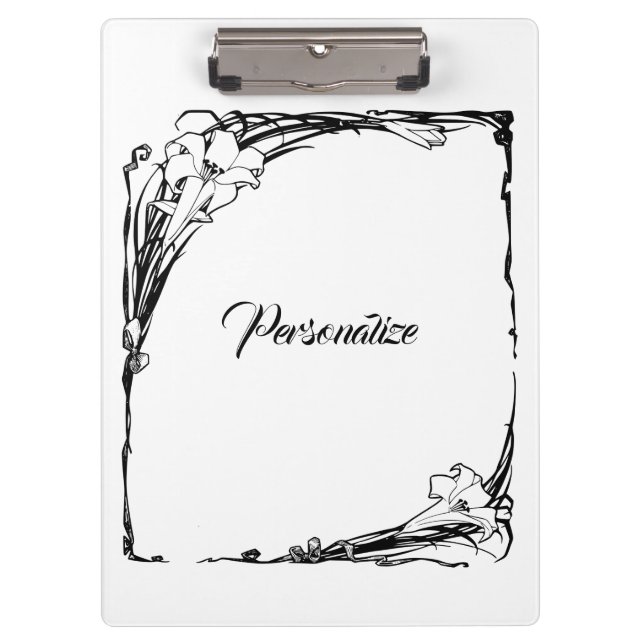 Art nouveau lily floral black and white clipboard (Front)