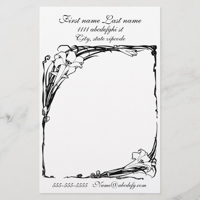 Art nouveau lily floral black and white letterhead (Front)