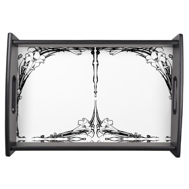 Art nouveau lily floral black and white serving tray (Front)