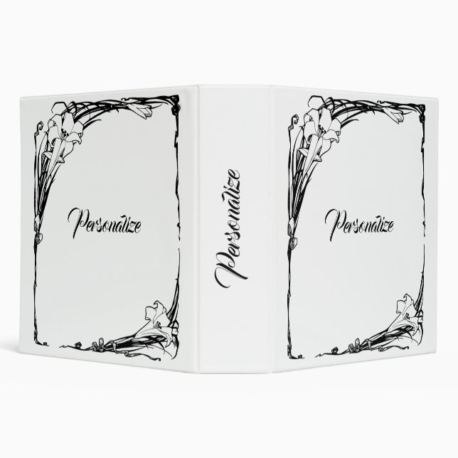 Art nouveau lily flower black and white elegant  3 ring binder (Background)