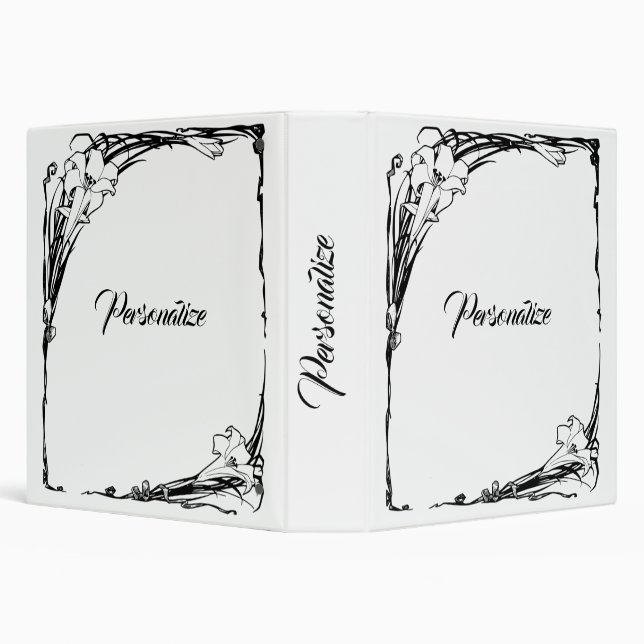 Art nouveau lily flower black and white elegant  3 ring binder (Background)