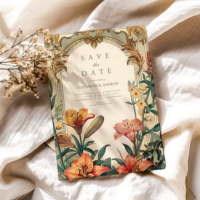 Art Nouveau Lily Wedding – Floral Frame Design Save The Date (Creator Uploaded)
