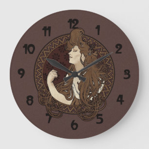 Art Nouveau Long Dark Haired Woman Large Clock