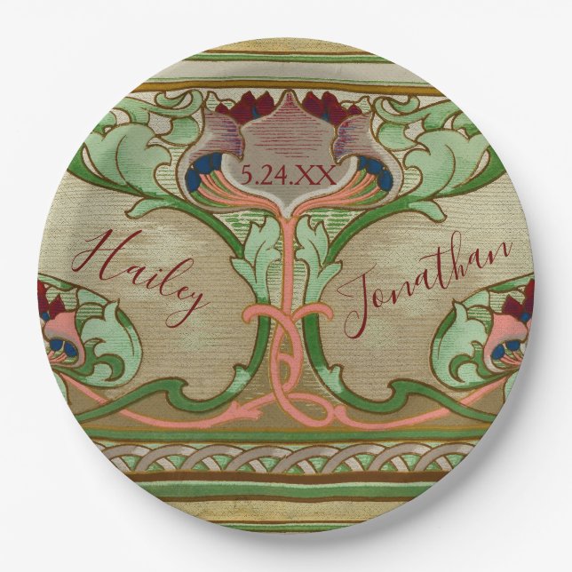 Art Nouveau Lotus Flower Personalize Wedding Decor Paper Plates (Front)