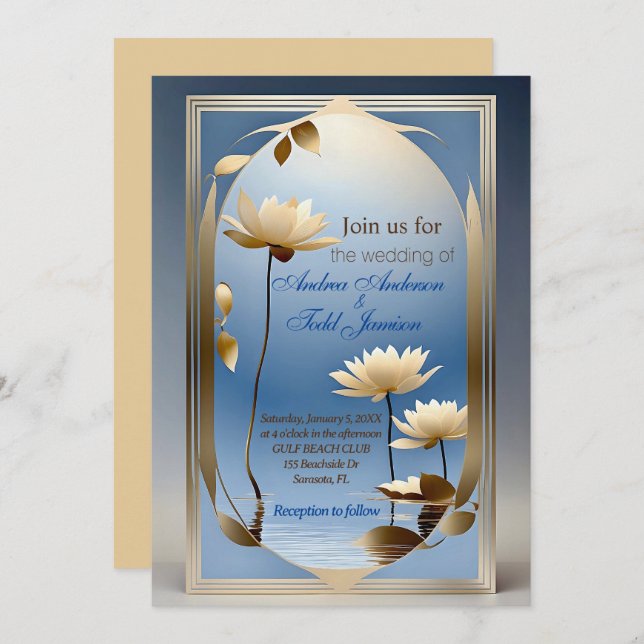 Art nouveau lotus flowers wedding  invitation (Front/Back)