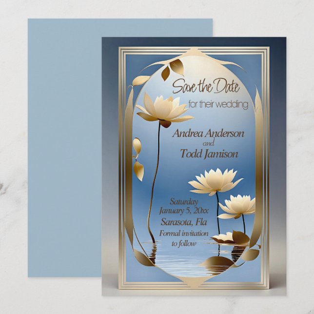 Art nouveau lotus flowers wedding  save the date (Front/Back)