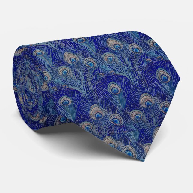 Art Nouveau Luxury Peacock Feather Pattern Neck Tie (Rolled)