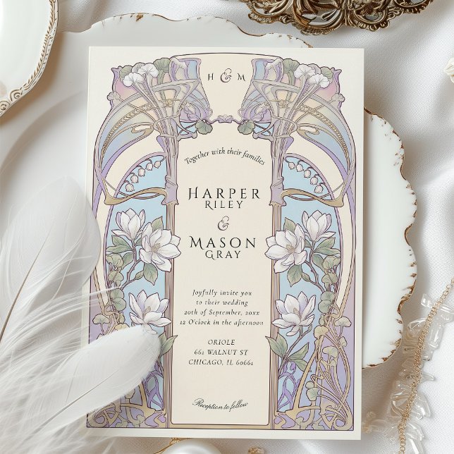 Art Nouveau Magnolia Floral Wedding and Details Invitation (Creator Uploaded)