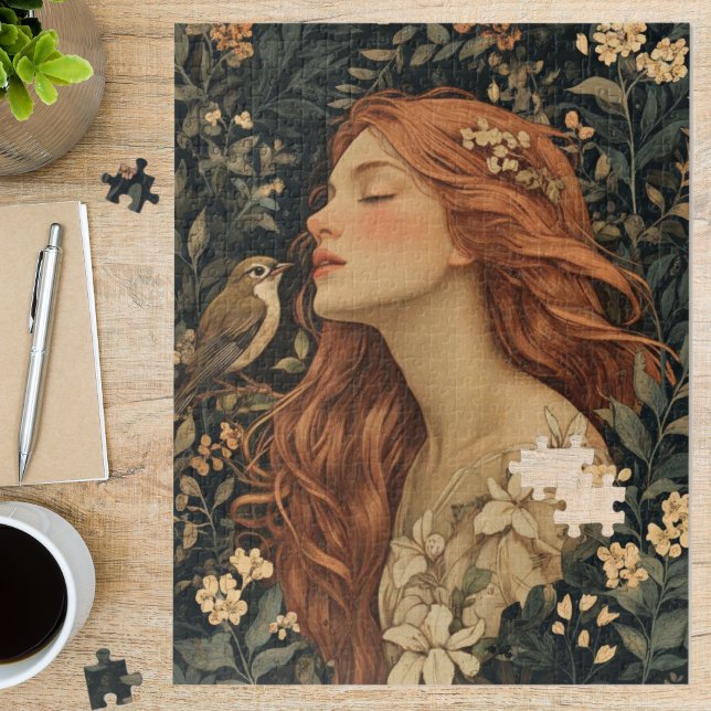 Art Nouveau Maiden Floral Bird Fine Art Jigsaw Puzzle (Creator Uploaded)