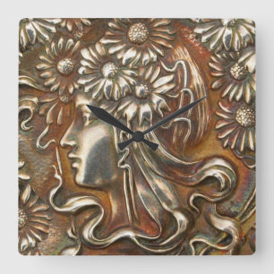 Art Nouveau Maiden Silver Repousse Modern Acryllic Square Wall Clock