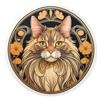 Art Nouveau Maine Coon Cat Ceramic Knob