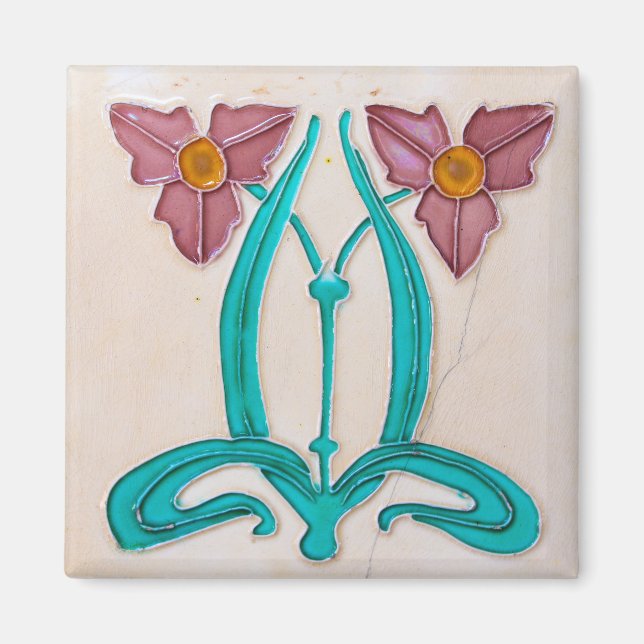 Art Nouveau Majolica Tulip Motif Ceramic Tile Magnet (Front)
