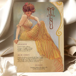 Art Nouveau Menu Card<br><div class="desc">Immerse your guests in vintage charm with this elegant Art Nouveau-inspired menu card. Featuring a graceful woman in a flowing yellow-striped gown, set against a soft, golden backdrop adorned with intricate swirls, this design radiates sophistication and warmth. The text is beautifully styled to complement the artwork, listing a delectable menu....</div>