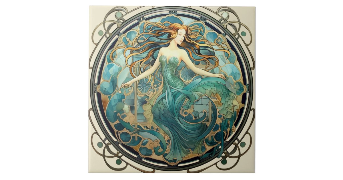 Art Nouveau Mermaid, Aquamarine and Amber Design Ceramic Tile | Zazzle