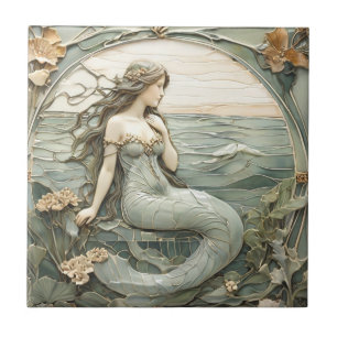 Art Nouveau Mermaid Faux Relief R Mint Ocean Sea Ceramic Tile
