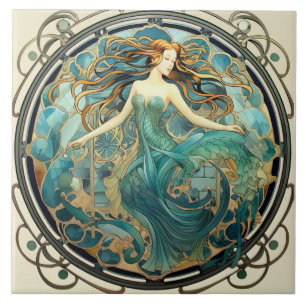 Art Nouveau Mermaid in Teal and Amber Ceramic Tile