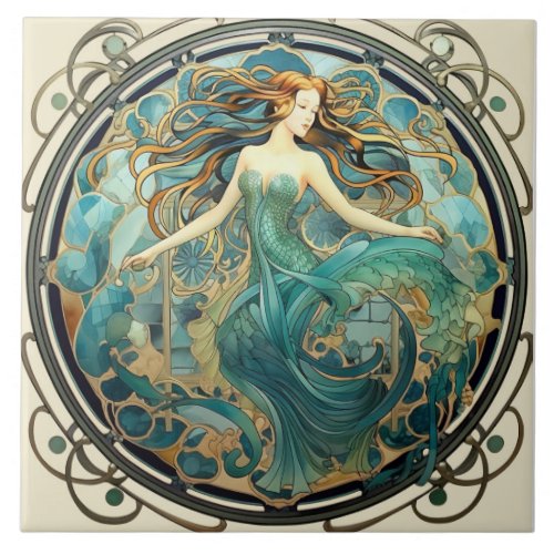 Art Nouveau Mermaid in Teal and Amber Ceramic Tile